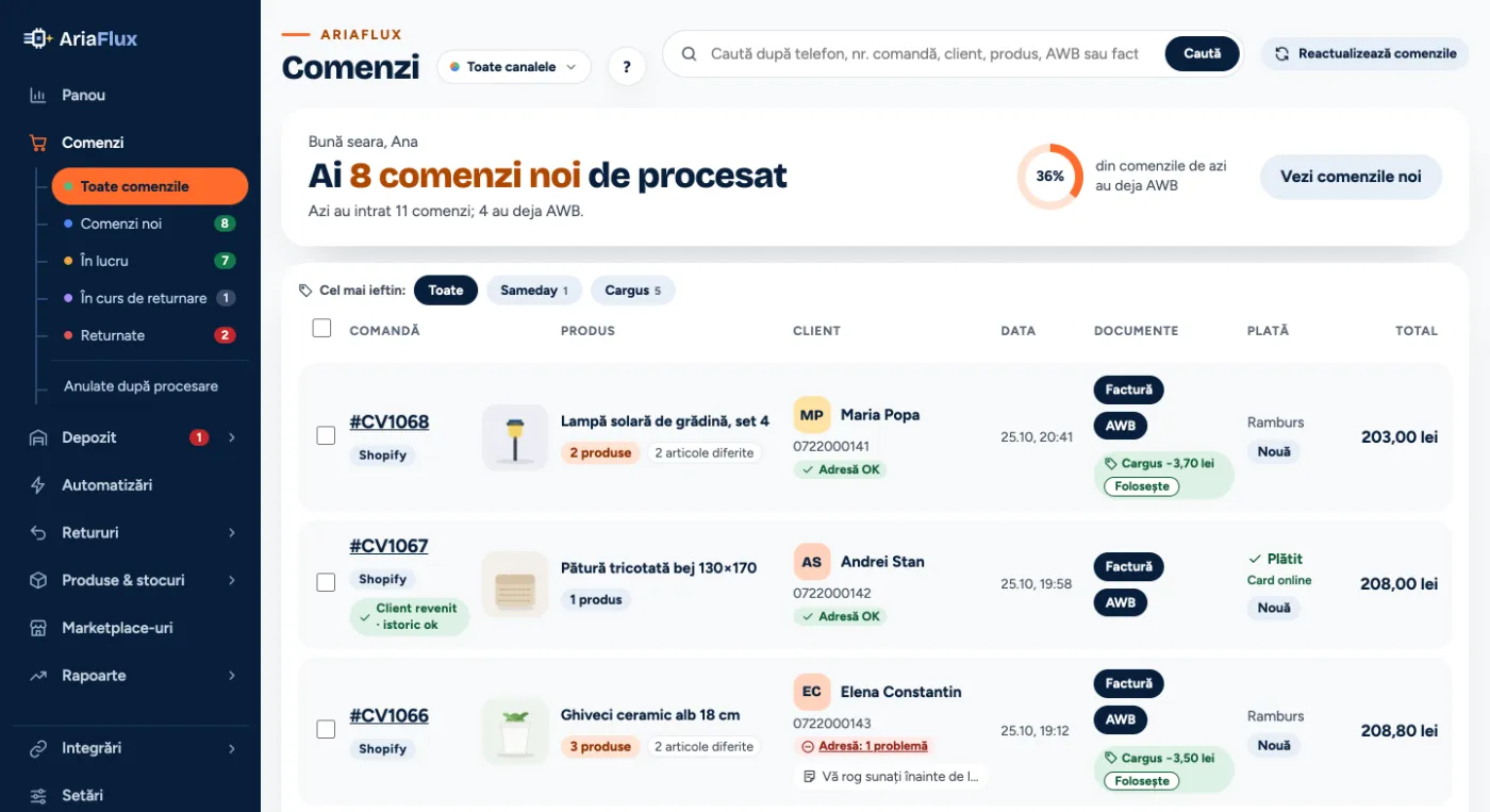 Lista de comenzi AriaFlux din toate canalele